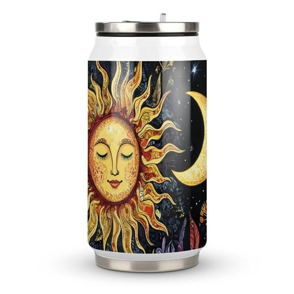 Sun And Moon Boho Psychedelic Mystic Floral Coffee Tavel Tumblers with Lid and Straw Stainless Steel Vacuum Insulated Mug Wine Glasses Tea Cup for Hot and Cold 300ml
