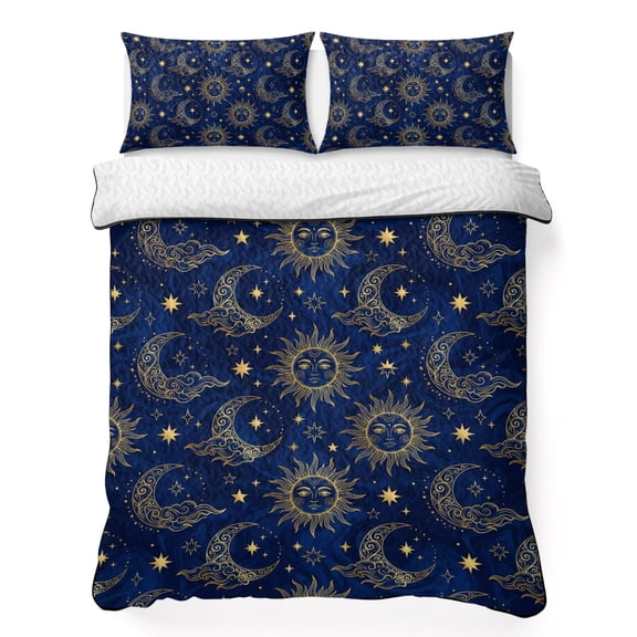 Sun and Moon California King Quilt Bedding Set, Mystical Bohemian Stars Navy Blue Night Lightweight Comforter with 2 Pillow Shams Bedroom Bedspread Set Home Decor for All Seasons