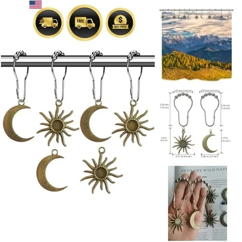 Sun Moon Celestial Shower Curtain Hooks Rings - Mid Century Abstract Boho Sho...