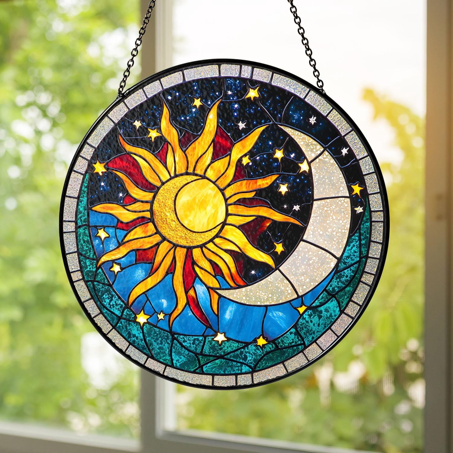 Sun Moon Celestial Stars Boho Spiritual Stained Glass Suncatcher Window ...