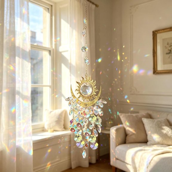 Sun Moon Celestial Sun Catcher Window Ornament, Iridescent Prism Rainbow Maker, Boho Mystical Decor, Rearview Mirror Charm, for Women (AB)