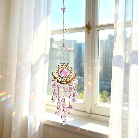 Sun Moon Celestial Sun Catcher Window Ornament, Iridescent Prism Rainbow Maker, Boho Mystical Decor, Rearview Mirror Charm, for Women ()