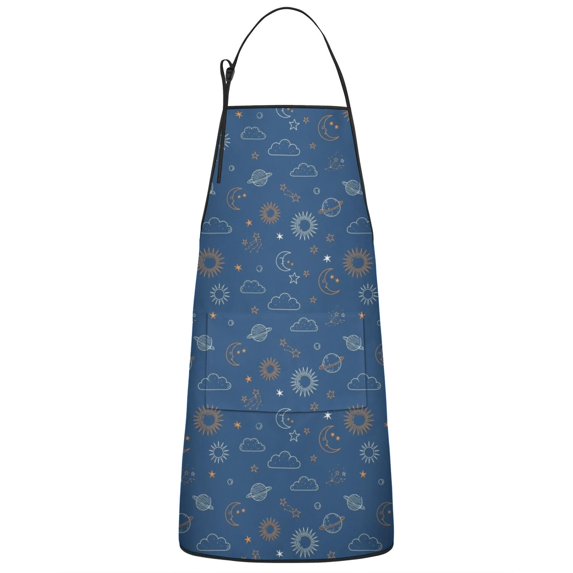Sun Moon Cloud Star Pattern Apron-Garden Aprons for Women with Pockets-Cotton Linen Waterproof Kitchen Cooking Gardening Aprons Adjustable for Kitchen,Cooking,BBQ and Salon 33x27 Inch