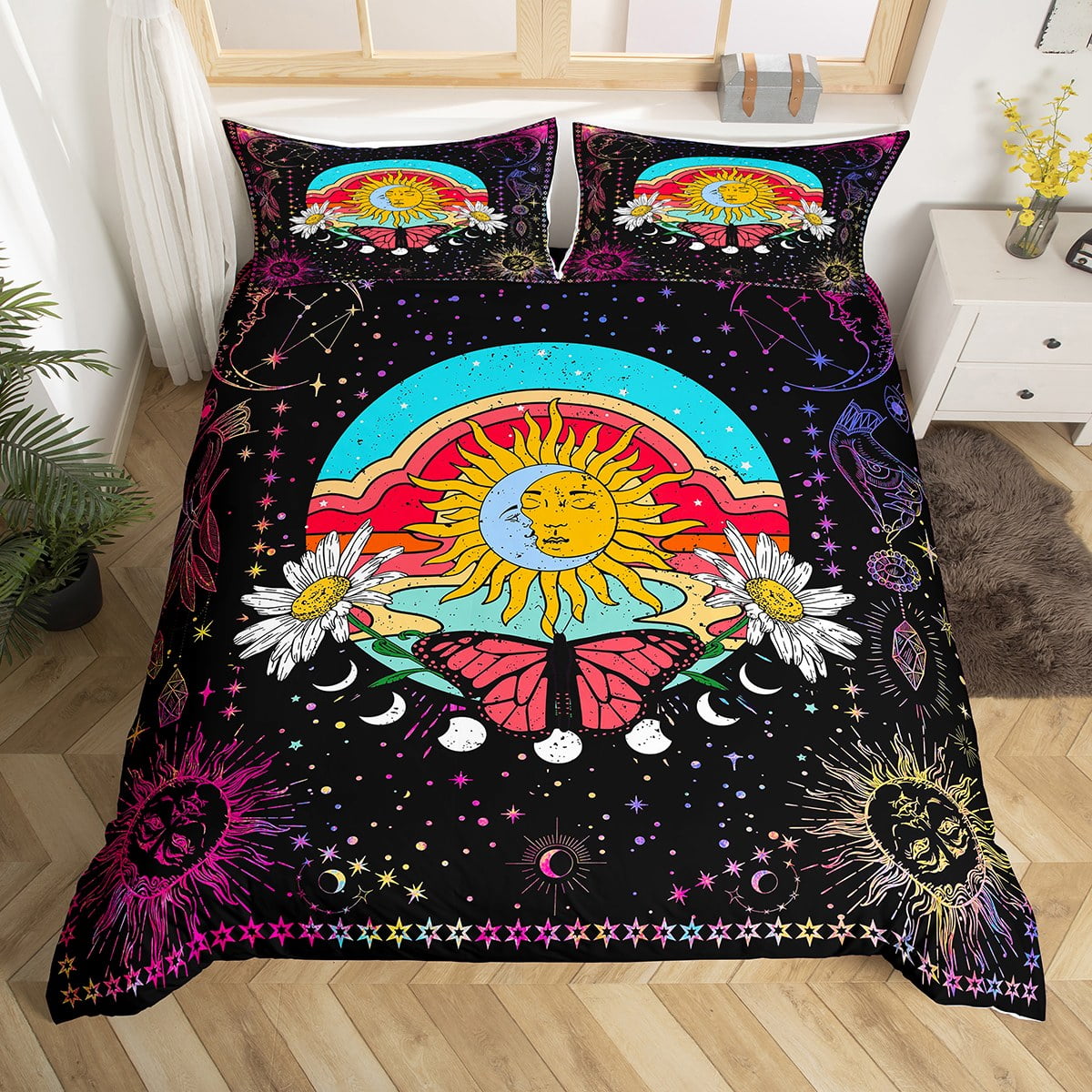 Sun and Moon Comforter Cover Boho Butterfly Design Decor Duvet Cover King, Constellations