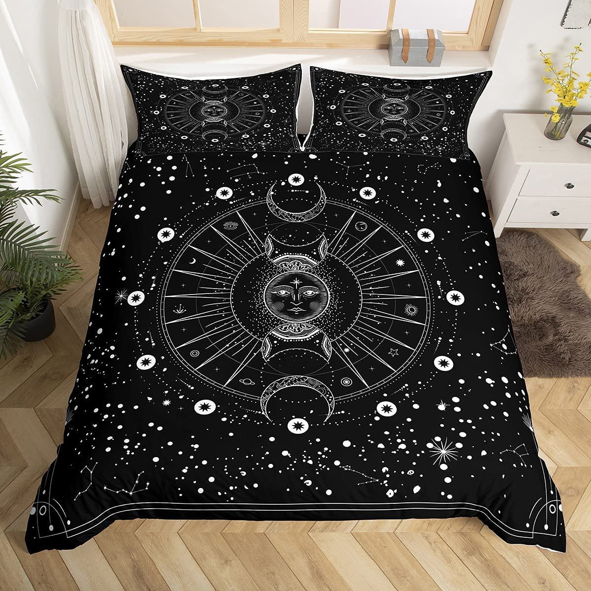Sun and Moon Comforter Cover Set Black and White Psychedelic Constellation Bedding Set Boho