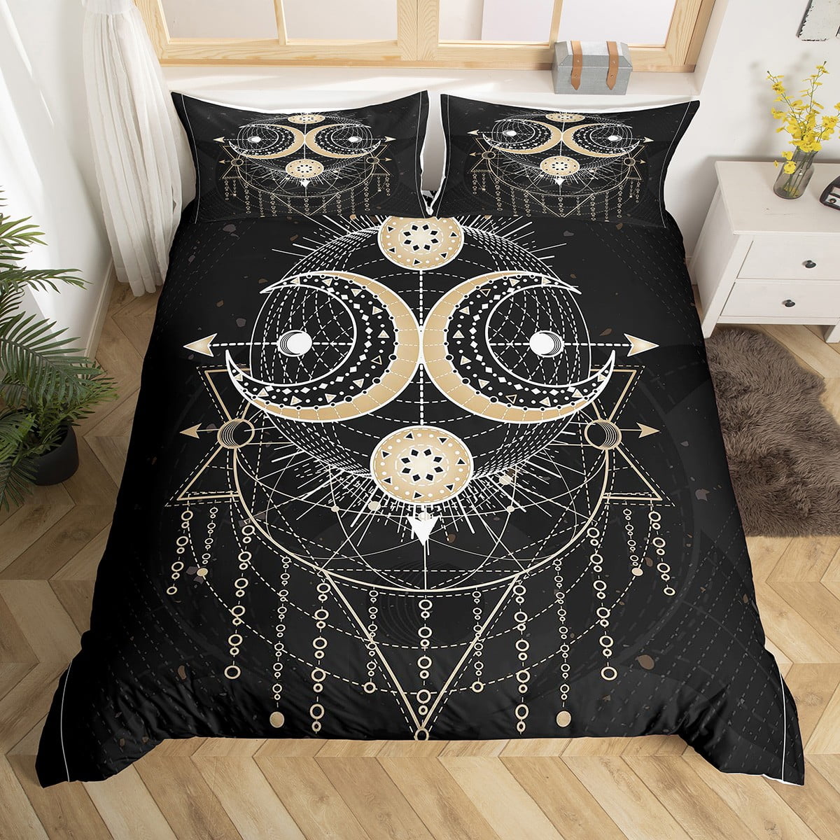 Sun and Moon Comforter Cover Twin, Bohemian Geometric Moon Duvet Cover, Boho Circles Striped