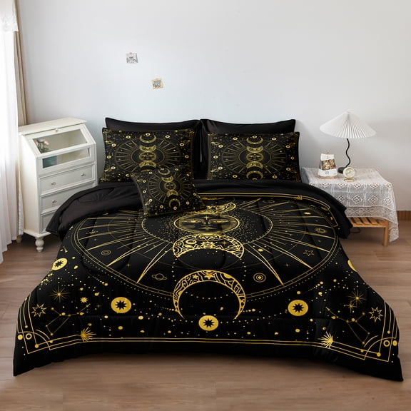 Sun Moon Comforter Set 8 Pcs Black and Gold Galaxy Bedding Set Queen Bed in a Bag Constellation Horoscope Bedding Bed Set Cosmos Celestial Decor Quilted Duvet Insert 8 Pieces with 1 Comforter 4 Pillo