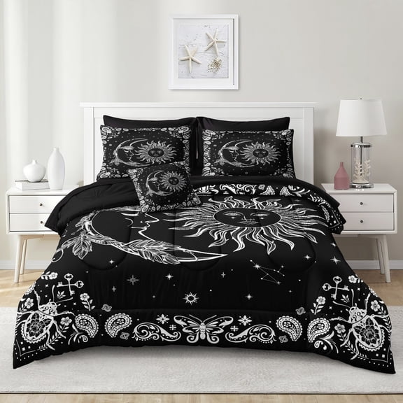 Sun and Moon Comforter Set 8 Pcs Black White Paisley Bedding Sets Stars Starry Sky Galaxy Theme Boho Comforter Paisley Floral Exotic Bedding Comforter Bed in A Bag