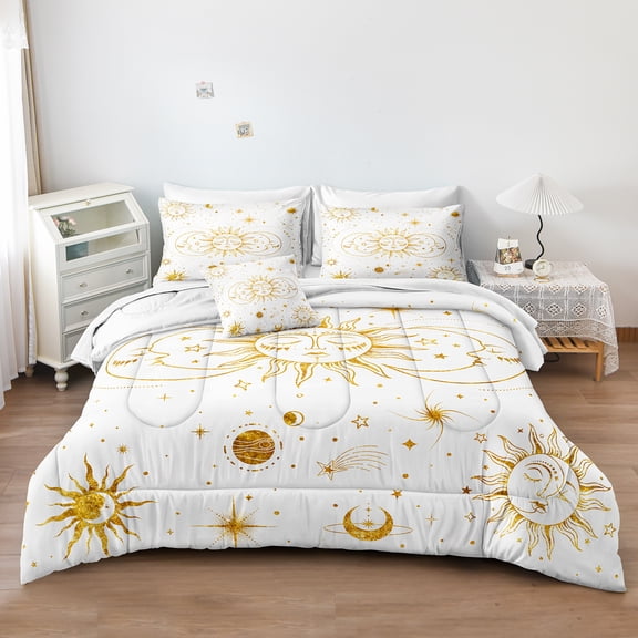 Sun and Moon Comforter Set 8 Pieces Bed in a Bag 100% Soft Microfiber Gold Universe Comforter Set Galaxy Pattern Celestial Bedding Set for All Seasons