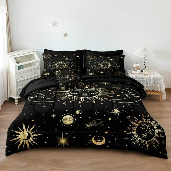 Sun and Moon Comforter Set 8 Pieces Bed in a Bag 100% Soft Microfiber Gold Universe Comforter Set Galaxy Pattern Celestial Bedding Set for All Seasons