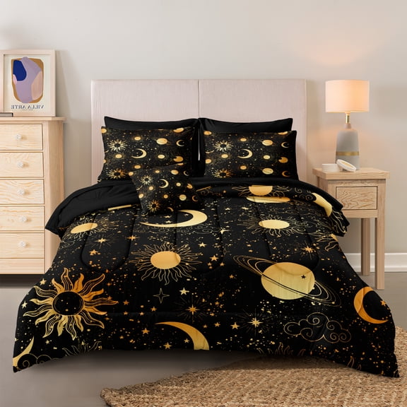 Sun and Moon Comforter Set 8 Pieces Bed in a Bag 100% Soft Microfiber Gold Universe Comforter Set Galaxy Pattern Celestial Bedding Set for All Seasons