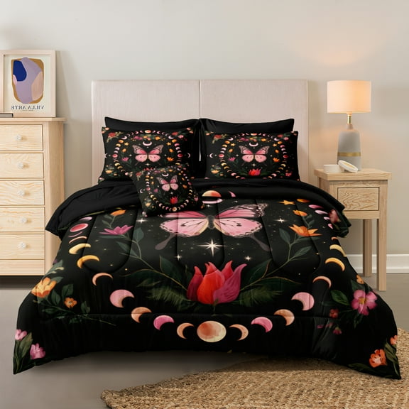 Sun Moon Comforter Set Black Pink Bedding Set Pink Butterfly Flower Boho Chic Pattern Stars Moon Galaxy Theme Boys Girls Outer Space Bed in A Bag