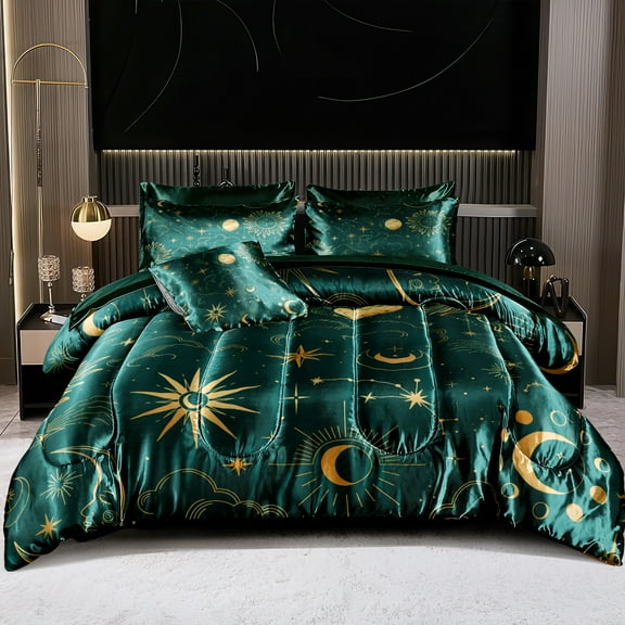 Sun and Moon Comforter Set Blue Green Satin Bedding Set Stars Cloud Galaxy Comforter Mysterious Celestial Theme Silk Like Silky Bed in A Bag with Comforter and Sheets