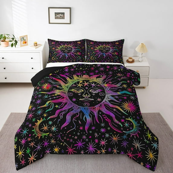 Sun And Moon Comforter Set Boho Decor Bedding Set Teens,Watercolor Rainbow Bedding Set Galaxy Stars Down Comforter Bohemian Modern Aesthetic Quilt Set