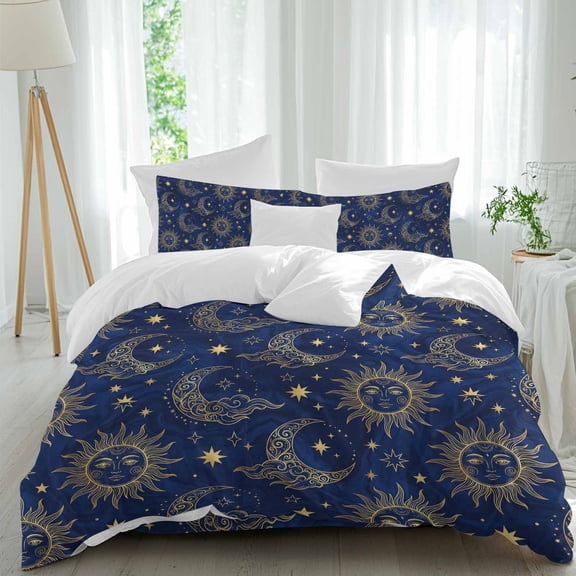 Sun and Moon Comforter Set Queen Size, Mystical Bohemian Stars Navy Blue Night Soft Bedding Set for Man Woman, 4 Pieces Duvet Cover Set with Fitted Sheet, 2 Pillowcases