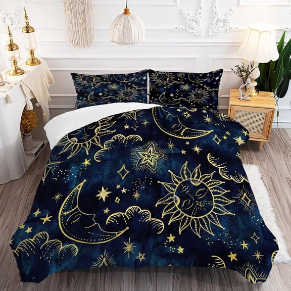 Sun and Moon Comforter Set Twin Size Blue Gold Celestial Boho Bedding for Kids Adult Women Teens Universe Galaxy Bohemian Exotic Gothic Quilt 1 Comforter + 1 Pillow Case