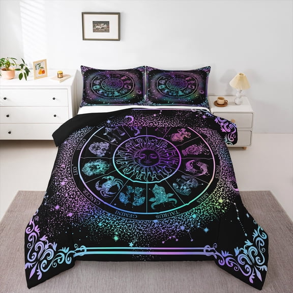 Sun and Moon Comforter Set Zodiac Signs Astrology Bedding Set Twin Constellations Galaxy Down Comforter Spiritual Gifts Teens Women,Trippy Leo Aquarius Quilt Duvet Set Purple Blue 2 Pcs