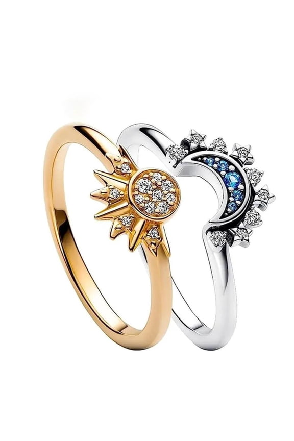 Sun Moon Couple Rings Set, Stackable CZ Open Rings Celestial Jewelry for Women Men
