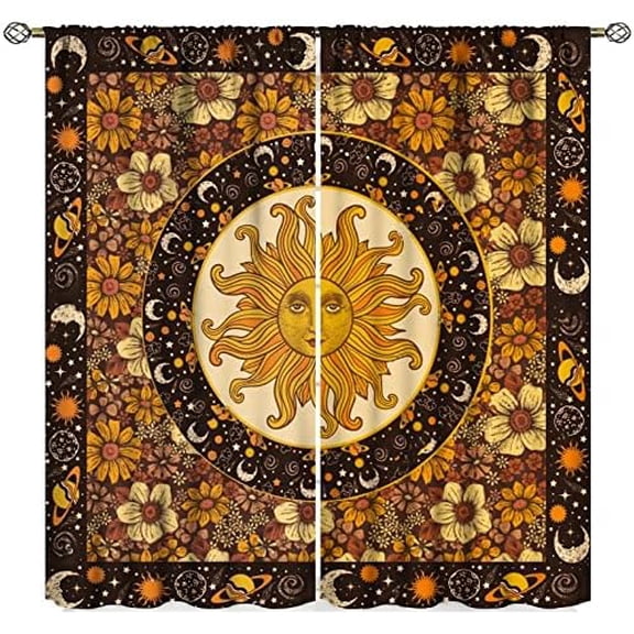 Sun Moon Curtains Bohemian Hippie Art Theme Indian Boho Outer Space Cosmos Sun Moon Stars Print Pattern Window Drapes for Living Room Office 2 Panels 55"X 63" Blackout$$Home Decor, Kitchen, & Other