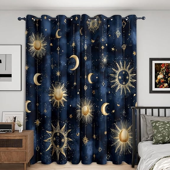 Sun and Moon Curtains, Celestial Astrology Cosmic Blackout Curtains, Eyelet Thermal Window Treatments for Bedroom, Living Room, Sun and Moon Home Decor 42"W x 63"L (Pack of 2)