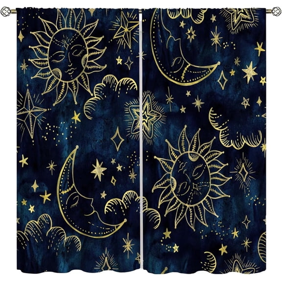 Sun and Moon Curtains Soft Lightweight Window Drapes with Astrology Boho Theme Cosmos Sun Moon Stars Print Pattern Rod Pocket Curtains for Bedroom Living Room 26"W x 63"L (Pack of 2)