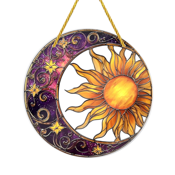 Sun and Moon Dancing Acrylic Hanging Ornament Retro Purple and Orange Round Astronomical Decoration, 8X8Inch Lightweight Home Window Wall Decoration, No Power Required, Women'S Birthday Gift