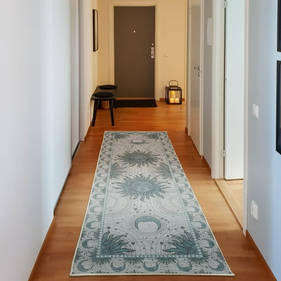 Sun and Moon Decorative Rug, Bohemian Occult Design of Crescent Solar Ornament Esoteric Stars, Quality Carpet for Bedroom Dorm and Living Room, 6 Sizes, Dark Sea, by Ambesonne