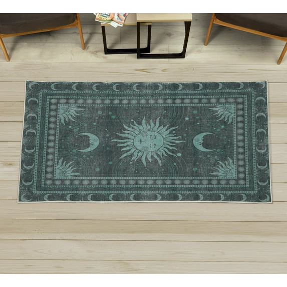 Sun and Moon Decorative Rug, Bohemian Occult Design of Crescent Solar Ornament Esoteric Stars, Quality Carpet for Bedroom Dorm and Living Room, 6 Sizes, Grey Teal, by Ambesonne