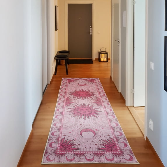 Sun and Moon Decorative Rug, Bohemian Occult Design of Crescent Solar Ornament Esoteric Stars, Quality Carpet for Bedroom Dorm and Living Room, 6 Sizes, Pink, by Ambesonne