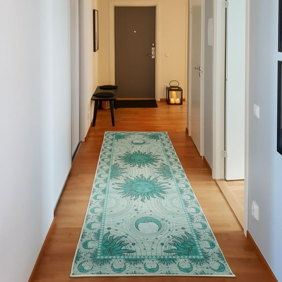Sun and Moon Decorative Rug, Bohemian Occult Design of Crescent Solar Ornament Esoteric Stars, Quality Carpet for Bedroom Dorm and Living Room, 6 Sizes, Sea Green, by Ambesonne