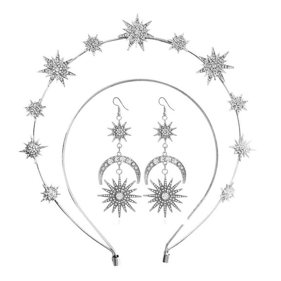 Sun And Moon Double Layered Six Pointed Star Headband With Encrusted Sparkling Long Earrings Set Hair And Ear Accessories Headbands Men Fair Isle Headband Hair Band Wrap Hair Head Bands for Women's