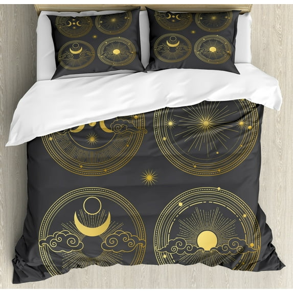 Sun and Moon Duvet Cover Set, Art of 4 Classic Style Cosmic Images Planets and Stars Astronomical, Decorative 3 Piece Bedding Set with 2 Pillow Shams, Calking Size, Grey and Mustard, by Ambesonne