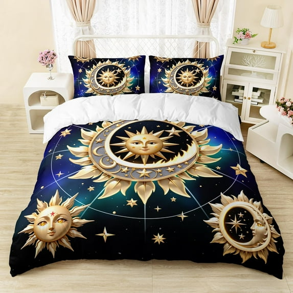 Sun and Moon Duvet Cover Set, Black Gold Sun Moon Bedding Set for Kids Boys Girls,Boho Style Solaris Theme Comforter Cover,3 Pieces 1 Quilt Cover 2 Pillowcase