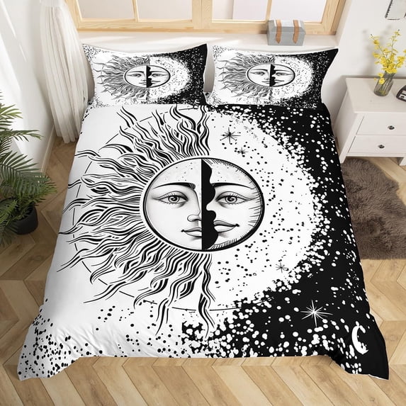 Sun Moon Duvet Cover Set Yin Yang Comforter Cover Galaxy Star Bedding Set Bohemian Quilt Cover, Decorations 2 Piece Bedding Set (1 Duvet Cover 1 Pillowcase) Black and White