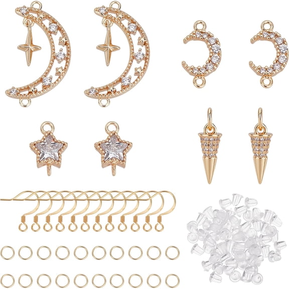 Sun and Moon Earring Making Kit Include 8Pcs 4 Styles Brass Links and Cone Spike Charms 12pcs Earring Hooks 20pcs Steel Jump Rings and 20pcs Plastic Ear Nuts for DIY Craft Mixed Color
