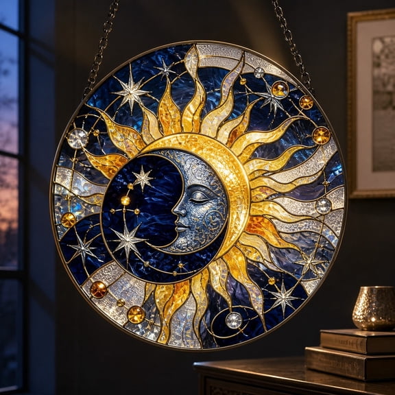 Sun Moon Eclipse Stained Glass Suncatcher Window Decor for Celestial Home