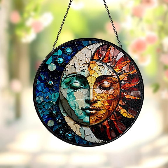 Sun Moon Face Celestial Night Sky Stained Glass Suncatcher Window Hanging Home Decor