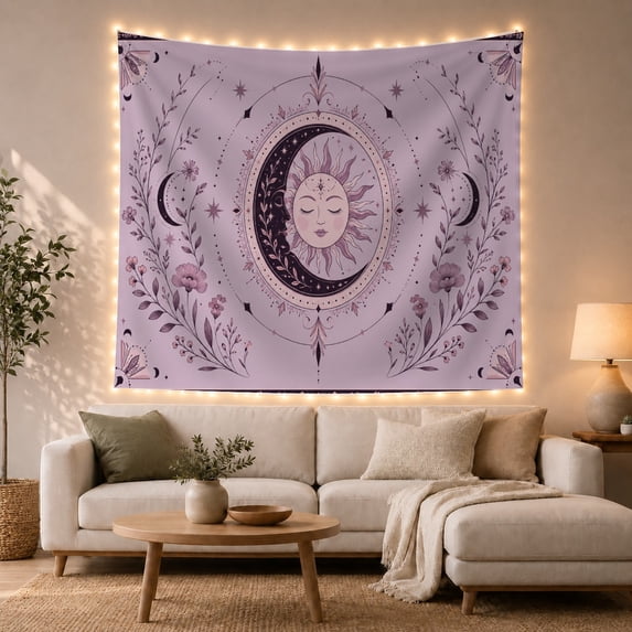Sun and Moon Face With Floral Vines and Lavender Background, Calming Boho for Celestial Lovers, Botanical Wall Art, Housewarming Gift, Tapestry Wall Hanging for Bedroom and Living Room