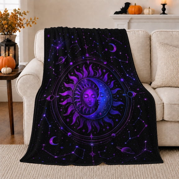Sun and Moon Face Planet Rings Constellations and Star Art, Cozy Flannel Blanket, Home Decor for Women, Bedroom and Lounge, Halloween Gift, Purple Celestial Pattern