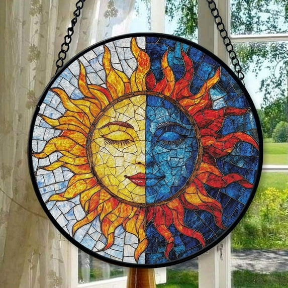 Sun and Moon Face Stained Glass Suncatcher, Celestial Decor for Boho Home, Spiritual Decor, Astrology Lovers Gift, Sun Suncatcher Ornament, Stained Glass Ornament 2025, Holiday