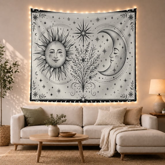 Sun and Moon Faces with Botanical Stars, Dreamy Celestial Illustration for Astrology Fans, Mystical Wall Decor, Housewarming Gift, Tapestry Wall Hanging for Bedroom and Dorm