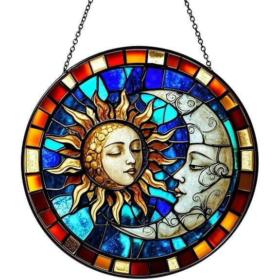 Sun and Moon with Faces Decor Sun Catcher Stained Glass Window Hanging for Women Wall Decor Handmade SunCatcher Decoration for Garden Home Housewarming Gifts