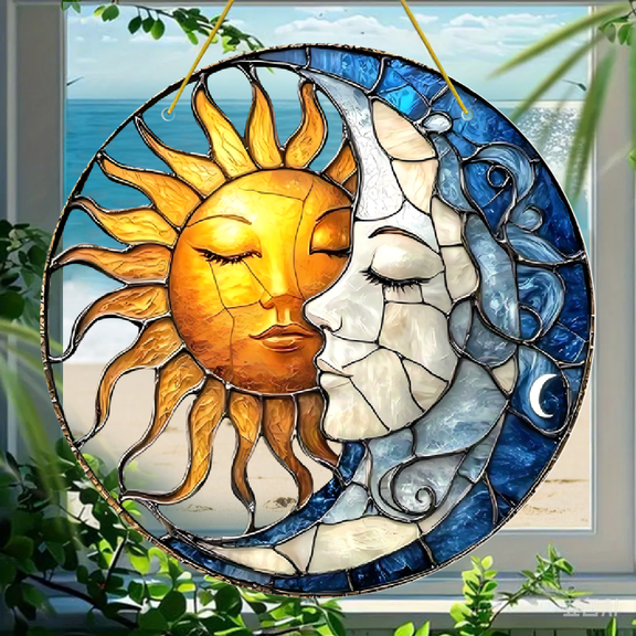 Sun and Moon Faces Sign, Round 8" Acrylic Suncatcher, Faux Stained Glass Style, Perfect Gift For Celestial Art Lovers, Ideal For Mystical Home Decor, Window, Patio, Balcony, 1pc, 2D Flat