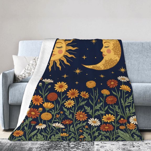 Sun Moon Fall Throw Blanket,Vintage Flowers Cozy Plush Fluffy Blanket for Living Room Decor, Throws for Couch,Bed,Traveling,Naps,Reading 50x40