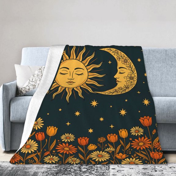 Sun Moon Fall Throw Blanket,Vintage Flowers Cozy Plush Fluffy Blanket for Living Room Decor, Throws for Couch,Bed,Traveling,Naps,Reading 50x40