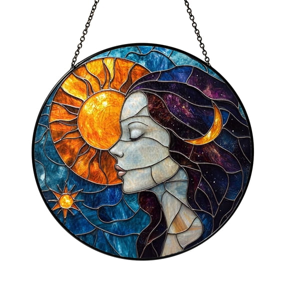 Sun Moon Faux Stained Glass Suncatcher, Window Hanging Decor Inspired by Celestial Harmony