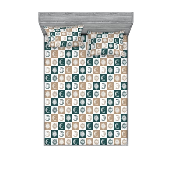 Sun and Moon Fitted Sheet & Pillow Sham Set, Boho Celestial Signs Pattern of Checkered Crescent Print, Decorative Printed 3 Piece Bedding Decor, King, Sand Brown and Hunter Green, by Ambesonne