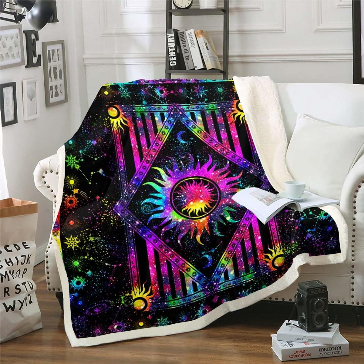 Sun and Moon Fleece Blanket, Rainbow Tie Dye Sherpa Blanket Psychedelic