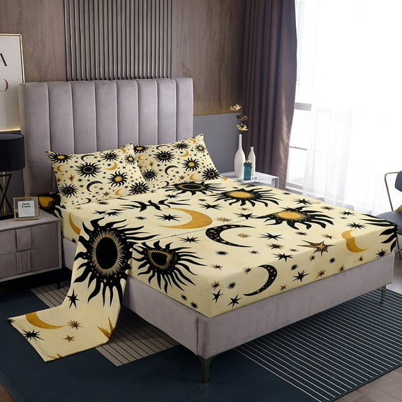 Sun and Moon Full Bed Sheets Bohemian Exotic Style Sheets Boho Geometry Stripes Sheet Set Gothic Style Fitted Sheet All Season Flat Sheet