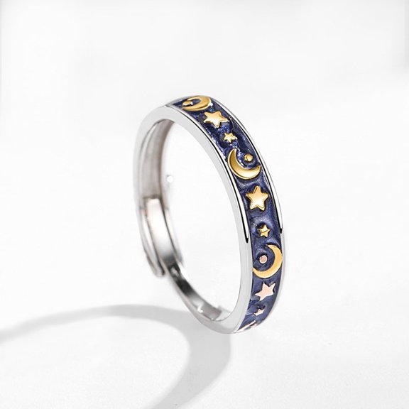 Couple Rings Sun Moon Galaxy Sterling Silver Ring Adjustable Celestial Inspired Design Three-Layer Electroplated Custom Colored Glass Ring Set